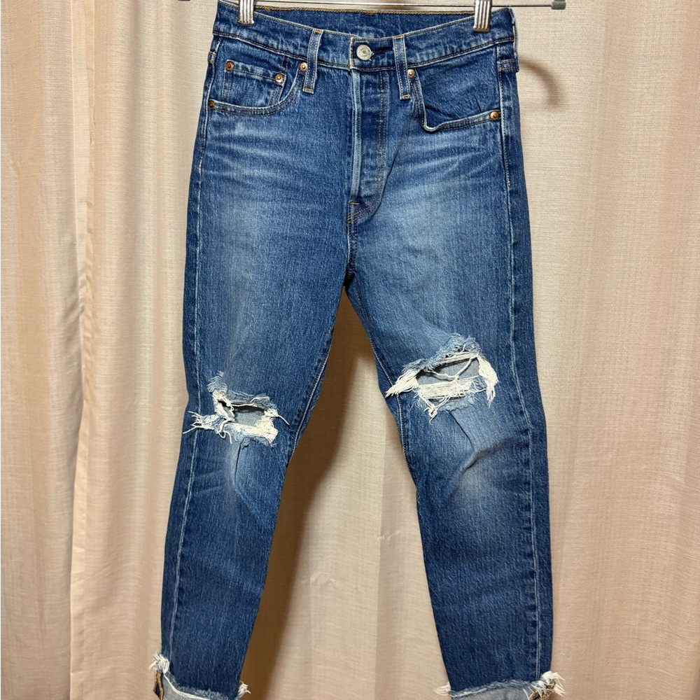 Levi's Blue Straight Leg Jeans with Distressed Details